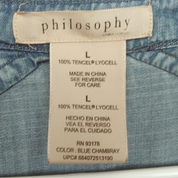 Philosophy Denim Blue Chambray Tunic Button Down W/Pocket Sz L - Picture 3 of 6
